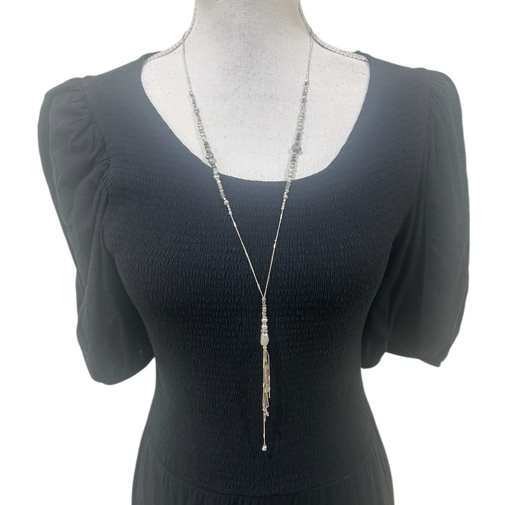 Artisan made delicate Silver tone pearl Beaded Tassel Long Necklace 20 inch